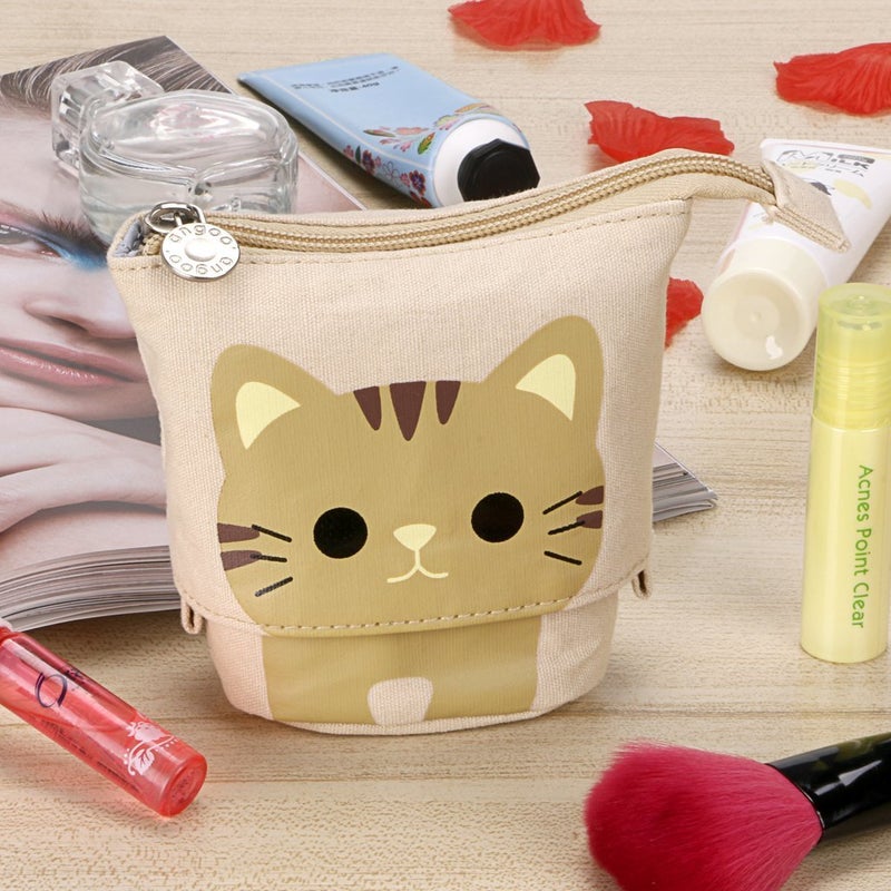 Ytuomzi Telescopic Pencil Pouch Standing Pen Holder Cute Pencil Bags Stand Up Pen Case Cartoon Pencil/Pens Storage Box Canvas+PU Stationery Organizer Makeup Bag with Zipper Closure (Khaki) - Image 5